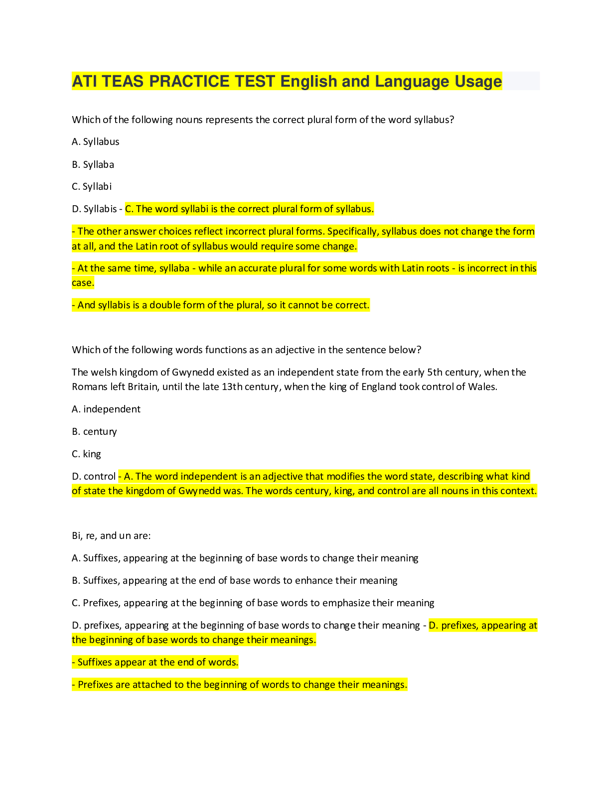 Preview of ATI TEAS PRACTICE TEST English and Language Usage, 34 pages of concise and understandable